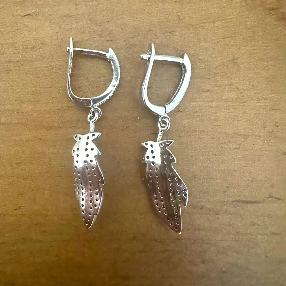 925 Silver with Faux Diamonds Feather Dangle Drop Earrings